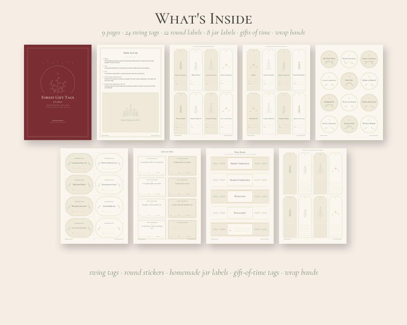 May include: A collection of nine printable pages featuring Forest Gift Tags, including 24 swing tags, 12 round labels, 8 jar labels, gift-of-time tags, and wrap bands. The set includes a dark red cover page and eight light beige sheets with various tag designs, instructions, and text labels for organising and labelling gifts.