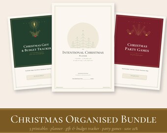Printbaar kerstplannerpakket, doelgerichte kerstplanner, cadeau- en budgettracker & familiespelletjes, eenvoudige slow christmas PDF