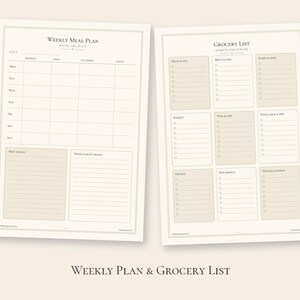 Pu&ograve; includere: Due pagine di pianificazione stampabili color bianco sporco con un piano pasti settimanale con colonne per colazione, pranzo, cena e spuntini, e una lista della spesa organizzata in categorie come frutta, carne, latticini, panetteria e dispensa.
