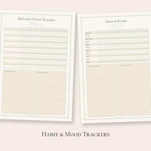 Puede incluir: Dos hojas de planificador de papel color crema con texto oscuro. La hoja izquierda se titula Monthly Habit Tracker con filas de c&iacute;rculos y dos cuadros vac&iacute;os. La hoja derecha se titula Sleep & Water con filas de c&iacute;rculos.