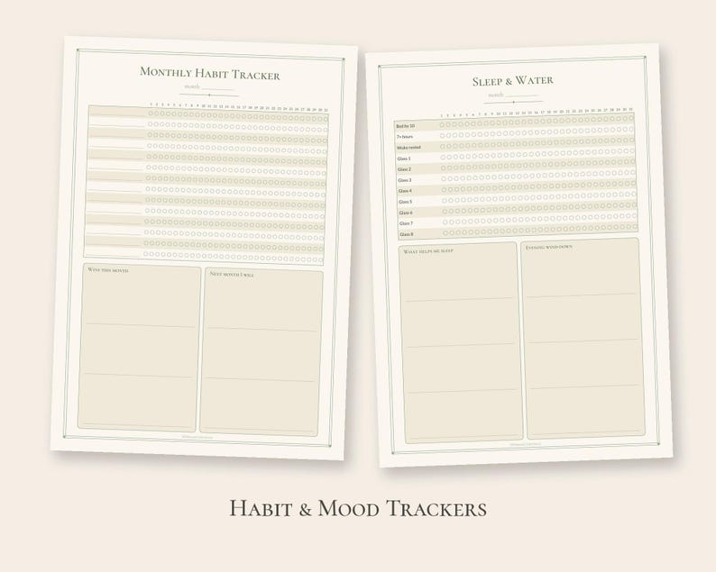 Puede incluir: Dos hojas de planificador de papel color crema con texto oscuro. La hoja izquierda se titula Monthly Habit Tracker con filas de c&iacute;rculos y dos cuadros vac&iacute;os. La hoja derecha se titula Sleep & Water con filas de c&iacute;rculos.