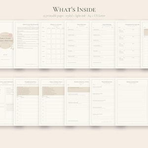 Puede incluir: Un conjunto de 13 p&aacute;ginas de planificador imprimibles tituladas What's Inside, con tinta clara sobre un fondo neutro. Las p&aacute;ginas incluyen Early Years Weekly Rhythm, rutinas diarias, listas de verificaci&oacute;n y registros en A4 y US Letter.