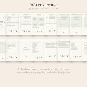 Puede incluir: Un dise&ntilde;o de planificador digital titulado WHAT'S INSIDE que presenta 25 p&aacute;ginas, estilizadas con tinta clara, en formatos A4 y US Letter. Las p&aacute;ginas contienen texto sobre diciembre, ritmos semanales, historias, canciones y actividades.