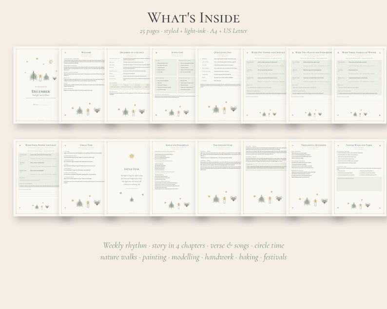 Puede incluir: Un dise&ntilde;o de planificador digital titulado WHAT'S INSIDE que presenta 25 p&aacute;ginas, estilizadas con tinta clara, en formatos A4 y US Letter. Las p&aacute;ginas contienen texto sobre diciembre, ritmos semanales, historias, canciones y actividades.