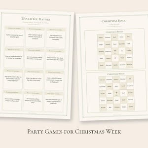 以下が含まれることがあります： 12のクリスマスをテーマにした質問を含むWould You Ratherゲームと、グリッドレイアウトのクリスマスビンゴカード2枚が印刷された2枚のゲームシート。画像の下部にはParty Games for Christmas Weekというテキストが印刷されています。