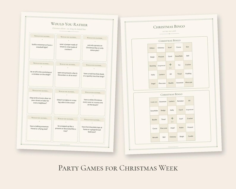 以下が含まれることがあります： 12のクリスマスをテーマにした質問を含むWould You Ratherゲームと、グリッドレイアウトのクリスマスビンゴカード2枚が印刷された2枚のゲームシート。画像の下部にはParty Games for Christmas Weekというテキストが印刷されています。