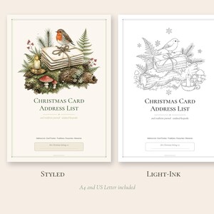 Pode incluir: Duas p&aacute;ginas imprim&iacute;veis de lista de endere&ccedil;os para cart&otilde;es de Natal, uma a cores e outra em desenho de linha a preto e branco. Ambas mostram um pisco sobre envelopes, uma vela, cogumelos e vegeta&ccedil;&atilde;o. Texto: Christmas Card Address List.