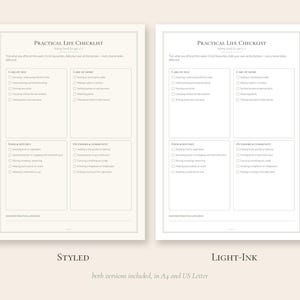Puede incluir: Dos versiones de una lista de verificaci&oacute;n de vida pr&aacute;ctica impresa en papel blanco. El documento incluye secciones para el cuidado personal, del hogar, cocina y comunidad, con casillas de verificaci&oacute;n y espacio para ideas adicionales.