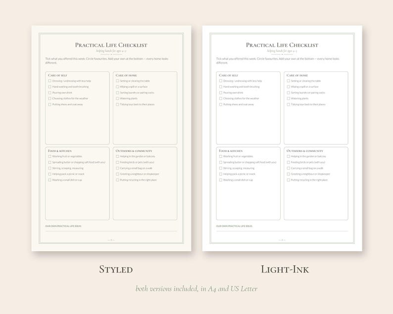Puede incluir: Dos versiones de una lista de verificaci&oacute;n de vida pr&aacute;ctica impresa en papel blanco. El documento incluye secciones para el cuidado personal, del hogar, cocina y comunidad, con casillas de verificaci&oacute;n y espacio para ideas adicionales.