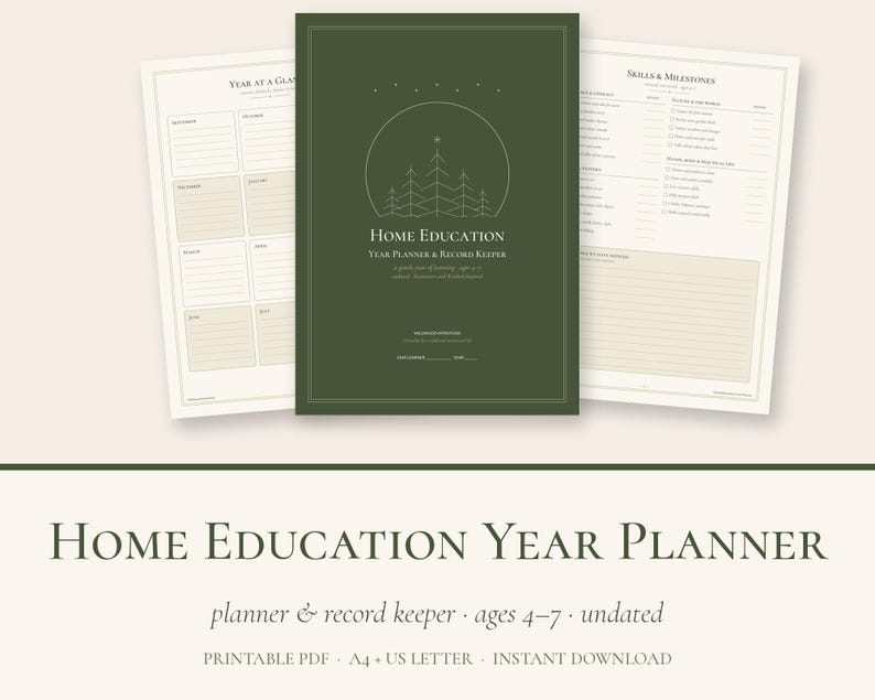 May include: A dark green home education year planner and record keeper for ages 4-7. The cover features a white line drawing of trees inside a circle and the text Home Education Year Planner & Record Keeper. Two interior pages are visible.