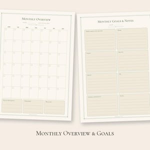 Puede incluir: Dos p&aacute;ginas de planificador imprimibles con fondo crema y texto oscuro. La p&aacute;gina izquierda es una cuadr&iacute;cula de calendario Monthly Overview. La p&aacute;gina derecha es una hoja de Monthly Goals & Notes con secciones rayadas para metas.