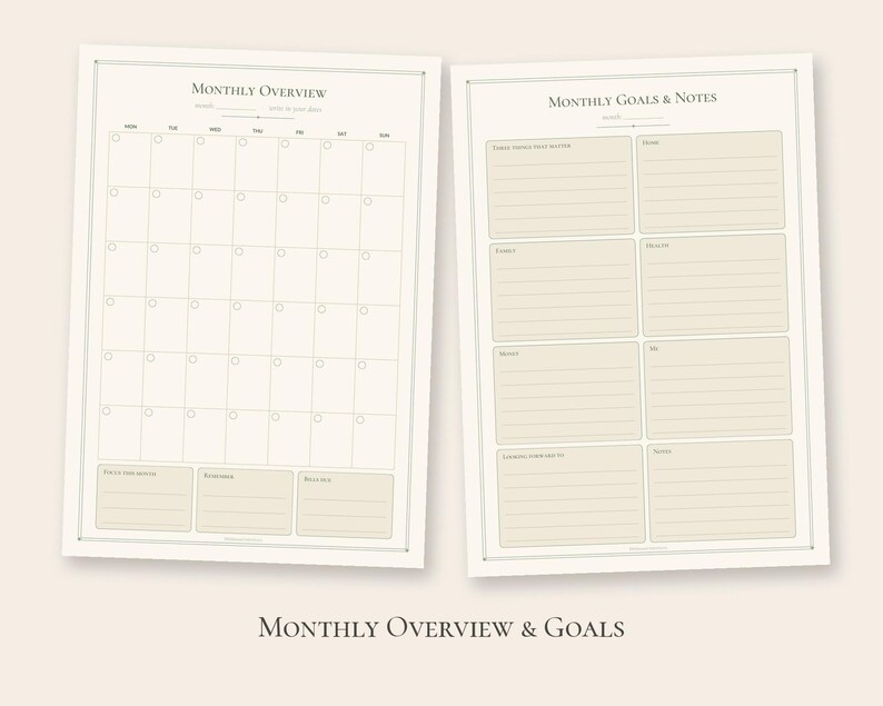 Puede incluir: Dos p&aacute;ginas de planificador imprimibles con fondo crema y texto oscuro. La p&aacute;gina izquierda es una cuadr&iacute;cula de calendario Monthly Overview. La p&aacute;gina derecha es una hoja de Monthly Goals & Notes con secciones rayadas para metas.