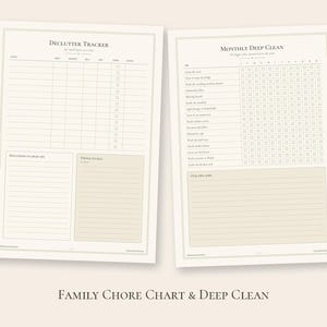 May include: Two off-white paper sheets featuring black text and grid lines. The left sheet is titled Declutter Tracker with sections for donations and items to sell. The right sheet is titled Monthly Deep Clean with a grid for tasks.