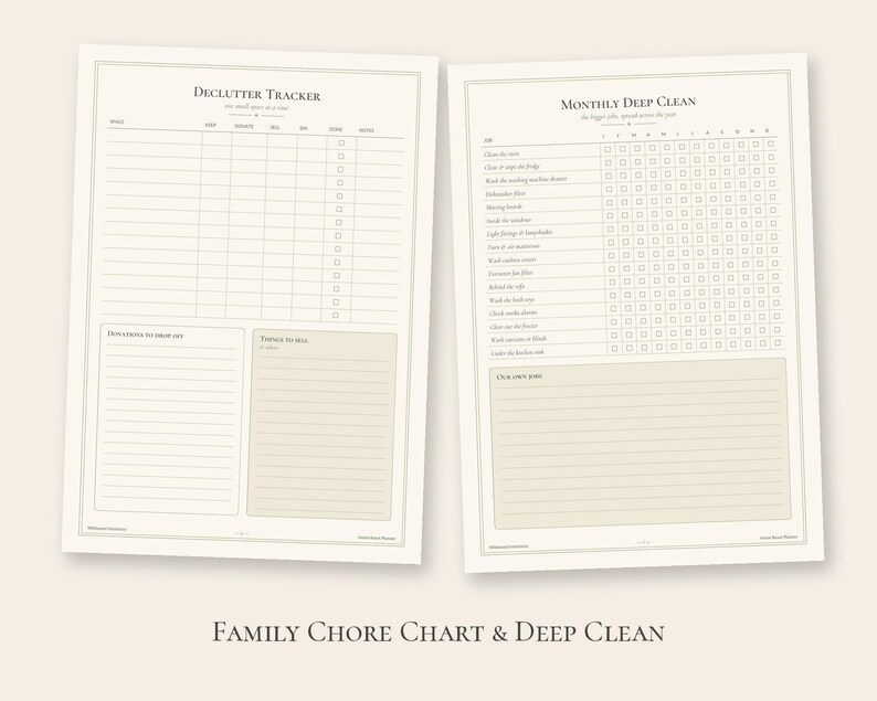 May include: Two off-white paper sheets featuring black text and grid lines. The left sheet is titled Declutter Tracker with sections for donations and items to sell. The right sheet is titled Monthly Deep Clean with a grid for tasks.