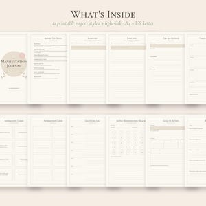 Pode incluir: Um conjunto de 12 p&aacute;ginas de di&aacute;rio imprim&iacute;veis intituladas What's Inside, com designs de tinta clara nos formatos A4 e US Letter. As p&aacute;ginas incluem se&ccedil;&otilde;es para manifesta&ccedil;&atilde;o, escrita, planejamento de quadros de vis&atilde;o, cart&otilde;es de afirma&ccedil;&atilde;o e reflex&atilde;o.