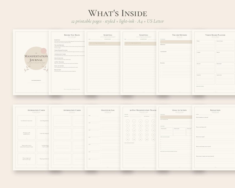 Pode incluir: Um conjunto de 12 p&aacute;ginas de di&aacute;rio imprim&iacute;veis intituladas What's Inside, com designs de tinta clara nos formatos A4 e US Letter. As p&aacute;ginas incluem se&ccedil;&otilde;es para manifesta&ccedil;&atilde;o, escrita, planejamento de quadros de vis&atilde;o, cart&otilde;es de afirma&ccedil;&atilde;o e reflex&atilde;o.