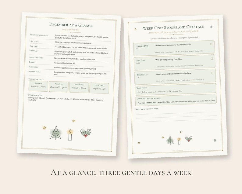 Puede incluir: Dos p&aacute;ginas impresas tituladas December at a Glance y Week One: Stones and Crystals. Los documentos presentan esquemas de actividades, horarios diarios y temas estacionales, decorados con peque&ntilde;os iconos de &aacute;rboles, velas y acebo.