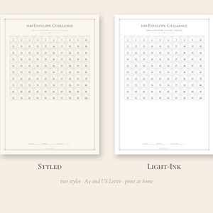 Puede incluir: Dos hojas de seguimiento rectangulares 100 Envelope Challenge con una cuadr&iacute;cula de iconos de sobres numerados del 1 al 100. Una hoja est&aacute; etiquetada como Styled y la otra como Light-Ink, ambas con l&iacute;neas para nombre, periodo y meta.
