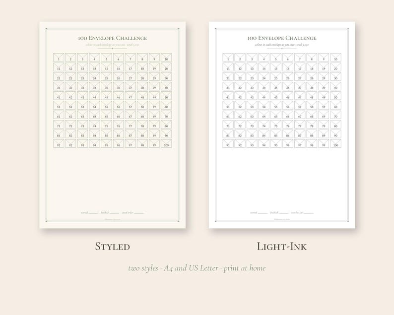 Puede incluir: Dos hojas de seguimiento rectangulares 100 Envelope Challenge con una cuadr&iacute;cula de iconos de sobres numerados del 1 al 100. Una hoja est&aacute; etiquetada como Styled y la otra como Light-Ink, ambas con l&iacute;neas para nombre, periodo y meta.