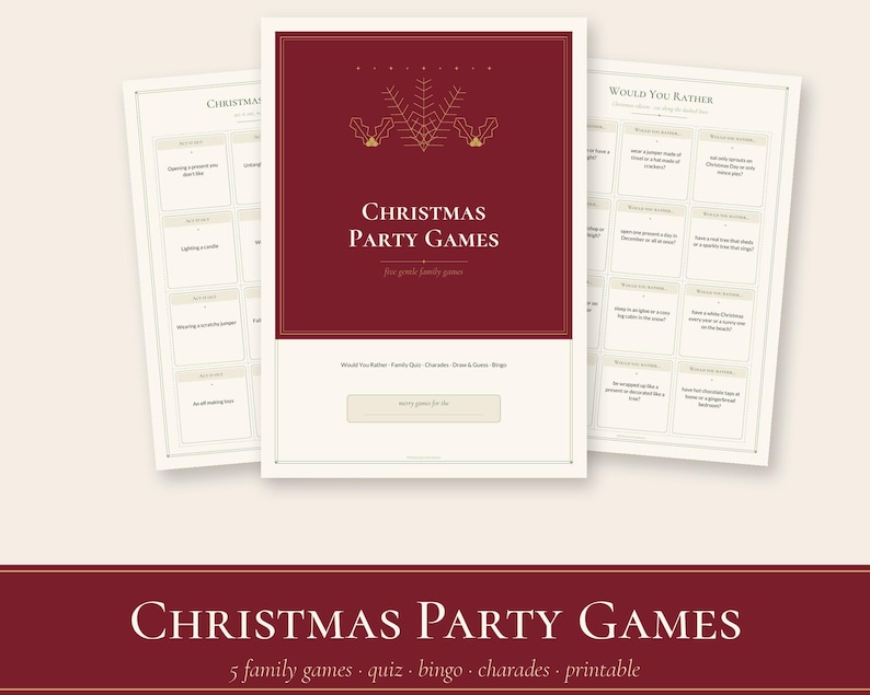 Może przedstawiać: Zestaw gier świątecznych do druku z ciemnoczerwoną stroną tytułową, złotą grafiką ostrokrzewu i napisem Christmas Party Games. Dwie dodatkowe strony zawierają karty do gry w formie siatki z pytaniami typu Would You Rather.