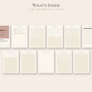 Puede incluir: Un conjunto de planificador digital titulado What's Inside con 11 p&aacute;ginas, tinta clara, formatos A4 y US Letter. La portada Habit & Wellness Tracker muestra fases lunares y arte bot&aacute;nico lineal en tonos malva y crema.