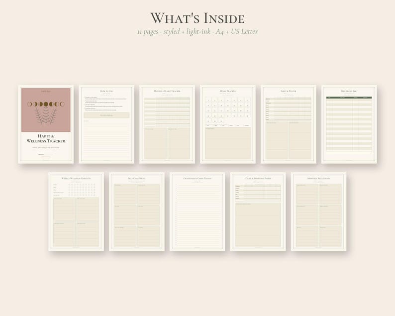 Puede incluir: Un conjunto de planificador digital titulado What's Inside con 11 p&aacute;ginas, tinta clara, formatos A4 y US Letter. La portada Habit & Wellness Tracker muestra fases lunares y arte bot&aacute;nico lineal en tonos malva y crema.