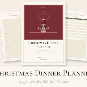 Peut inclure: Un ensemble de documents imprimables Christmas Dinner Planner comprenant une page de couverture rouge fonc&eacute; avec une illustration de bougie en lignes blanches et le texte Christmas Dinner Planner, ainsi que deux pages int&eacute;rieures.