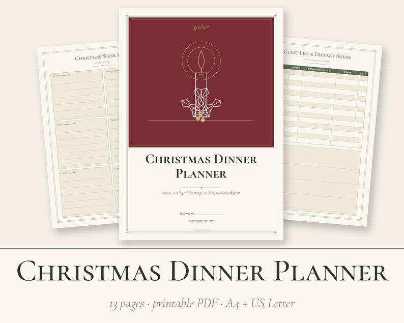 Peut inclure: Un ensemble de documents imprimables Christmas Dinner Planner comprenant une page de couverture rouge fonc&eacute; avec une illustration de bougie en lignes blanches et le texte Christmas Dinner Planner, ainsi que deux pages int&eacute;rieures.