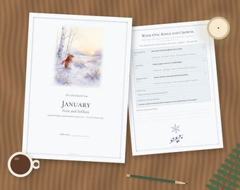 Puede incluir: Dos hojas de papel blanco que muestran una página de calendario de enero titulada Frost and Stillness con una ilustración en acuarela de un ratón con bufanda roja, y una página de planificador semanal titulada Week One: Kings and Crowns.