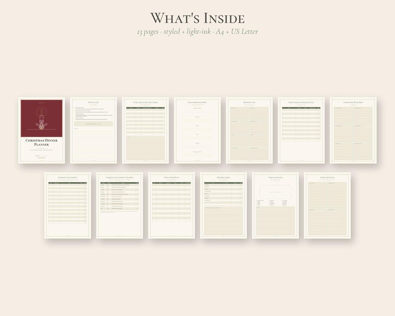 Peut inclure: Un ensemble de planificateur de d&icirc;ner de No&euml;l num&eacute;rique comprenant 13 pages avec une encre l&eacute;g&egrave;re sur papier cr&egrave;me. La collection inclut une page de couverture avec une illustration de bougie et divers mod&egrave;les pour les menus et listes.
