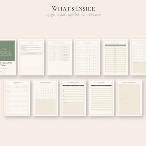 Puede incluir: Un paquete digital de desaf&iacute;o de ahorro con 11 p&aacute;ginas de tinta clara. El texto dice WHAT'S INSIDE, 11 pages, styled, light-ink, A4, US Letter, y Savings Challenge Pack. Las p&aacute;ginas incluyen varias cuadr&iacute;culas, rastreadores y listas.