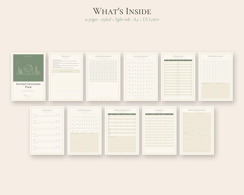 Puede incluir: Un paquete digital de desaf&iacute;o de ahorro con 11 p&aacute;ginas de tinta clara. El texto dice WHAT'S INSIDE, 11 pages, styled, light-ink, A4, US Letter, y Savings Challenge Pack. Las p&aacute;ginas incluyen varias cuadr&iacute;culas, rastreadores y listas.
