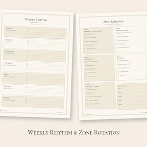 May include: Two off-white printable planner pages with dark text. The left page is titled Weekly Rhythm and lists days from Monday to Sunday with checkboxes. The right page is titled Zone Rotation and lists six zones with checkboxes for household tasks.