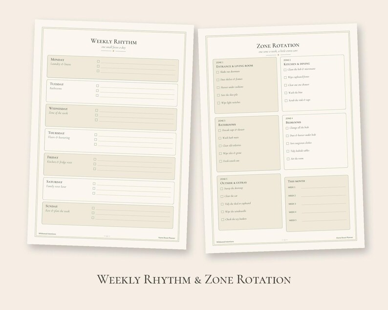 May include: Two off-white printable planner pages with dark text. The left page is titled Weekly Rhythm and lists days from Monday to Sunday with checkboxes. The right page is titled Zone Rotation and lists six zones with checkboxes for household tasks.