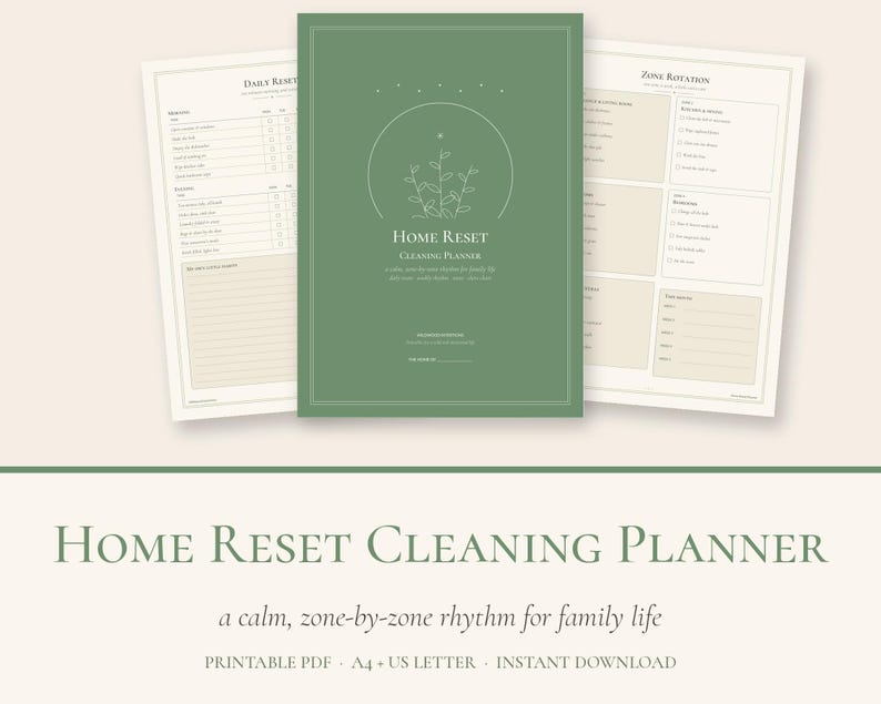 May include: A Home Reset Cleaning Planner set featuring a sage green cover with a white line-art plant illustration and the text Home Reset Cleaning Planner. Two interior pages show checklists for daily resets and zone rotation tasks.