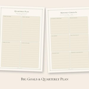 May include: Two off-white planner pages with dark text. The left page is titled Quarterly Plan with sections for Winter, Spring, Summer, and Autumn. The right page is titled Monthly Check-In with six lined boxes. The text Big Goals & Quarterly Plan appears below.