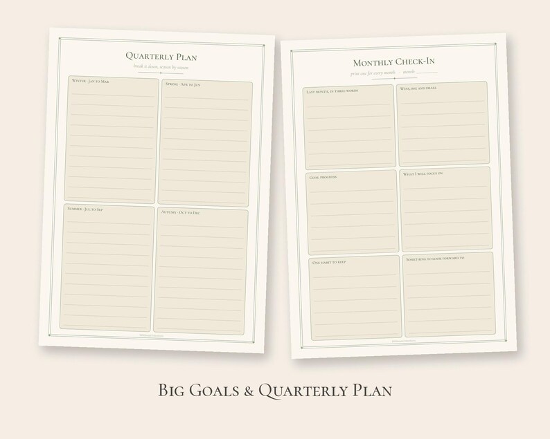 May include: Two off-white planner pages with dark text. The left page is titled Quarterly Plan with sections for Winter, Spring, Summer, and Autumn. The right page is titled Monthly Check-In with six lined boxes. The text Big Goals & Quarterly Plan appears below.