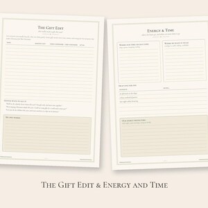 K&ouml;nnte beinhalten: Zwei cremefarbene Planerseiten mit schwarzem Text und Linien. Die linke Seite ist mit The Gift Edit betitelt und enth&auml;lt Spalten f&uuml;r Namen und Geschenkideen. Die rechte Seite tr&auml;gt den Titel Energy & Time mit Bereichen zur Zeiterfassung.