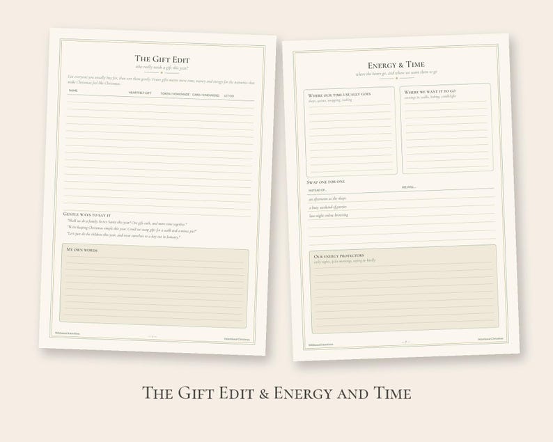 K&ouml;nnte beinhalten: Zwei cremefarbene Planerseiten mit schwarzem Text und Linien. Die linke Seite ist mit The Gift Edit betitelt und enth&auml;lt Spalten f&uuml;r Namen und Geschenkideen. Die rechte Seite tr&auml;gt den Titel Energy & Time mit Bereichen zur Zeiterfassung.