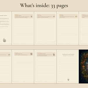 May include: A journal titled The Small Wonders Journal with 33 pages featuring cream-colored paper with lined sections, prompts, and small illustrations. The cover is dark blue with a botanical wreath of leaves, mushrooms, and a crescent moon.
