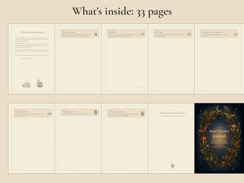 May include: A journal titled The Small Wonders Journal with 33 pages featuring cream-colored paper with lined sections, prompts, and small illustrations. The cover is dark blue with a botanical wreath of leaves, mushrooms, and a crescent moon.