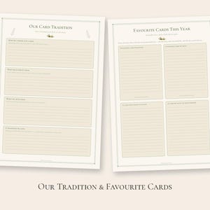 Pode incluir: Duas p&aacute;ginas de di&aacute;rio imprim&iacute;veis em tom off-white com texto escuro e se&ccedil;&otilde;es pautadas. A p&aacute;gina esquerda intitula-se Our Card Tradition e a direita Favourite Cards This Year, ambas com pequenas ilustra&ccedil;&otilde;es bot&acirc;nicas no topo.