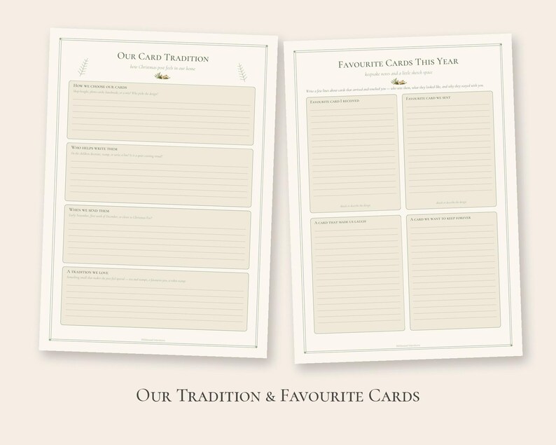 Pode incluir: Duas p&aacute;ginas de di&aacute;rio imprim&iacute;veis em tom off-white com texto escuro e se&ccedil;&otilde;es pautadas. A p&aacute;gina esquerda intitula-se Our Card Tradition e a direita Favourite Cards This Year, ambas com pequenas ilustra&ccedil;&otilde;es bot&acirc;nicas no topo.