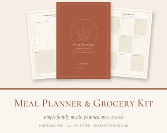 Printbare maaltijdplanner, wekelijks maaltijdplan en boodschappenlijst, inventarislijst voor voorraadkast en vriezer, receptkaarten, gezinsbudget voor eten, PDF