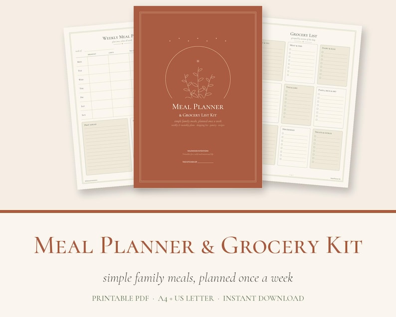 Pu&ograve; includere: Un kit per la pianificazione dei pasti e la lista della spesa con una copertina color terracotta, un'illustrazione a linee di una pianta e il testo Meal Planner & Grocery List Kit. Include pagine settimanali stampabili.
