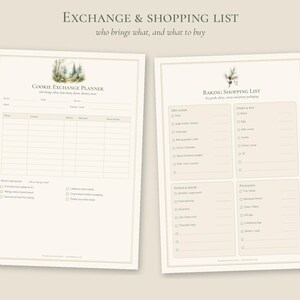以下が含まれることがあります： Exchange & Shopping Listと題された2枚の印刷可能なプランナーシート。左側のシートは森のイラストが描かれたCookie Exchange Planner。右側のシートは松ぼっくりのイラストが描かれたBaking Shopping Listで、乾物、乳製品、その他、梱包用のチェックボックスが含まれています。