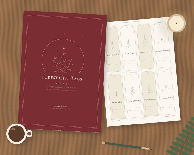 Vintage Botanical Christmas Gift Tags, Forest Jar Labels, Gifts of Time Coupons (PDF) image 1