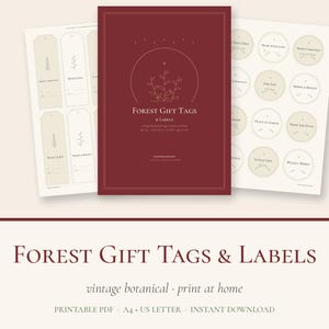 May include: A set of printable Forest Gift Tags & Labels featuring a deep red central cover sheet flanked by two cream-coloured sheets. One sheet displays rectangular tags with botanical line art, while the other shows circular labels with text.