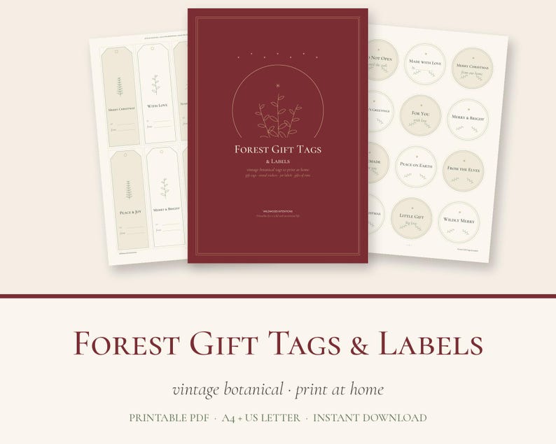 May include: A set of printable Forest Gift Tags & Labels featuring a deep red central cover sheet flanked by two cream-coloured sheets. One sheet displays rectangular tags with botanical line art, while the other shows circular labels with text.