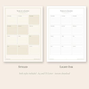 May include: Two Year at a Glance calendar templates. The left version features beige shaded boxes for each month, while the right version uses a clean white background with thin lines. Both include the text Year at a Glance.